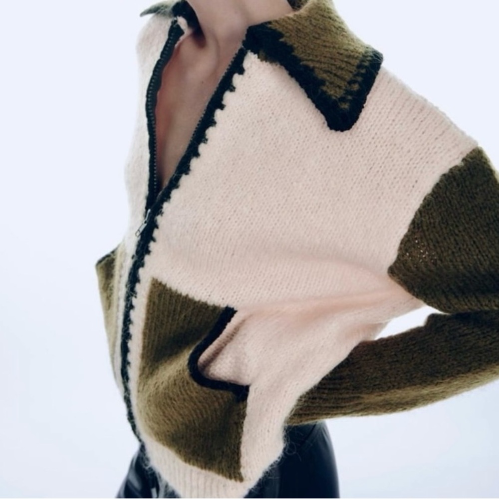 NWT Zara Chunky Soft Colorblock Full Zip Cardigan Patchwork Pockets Size XL - Picture 4 of 12